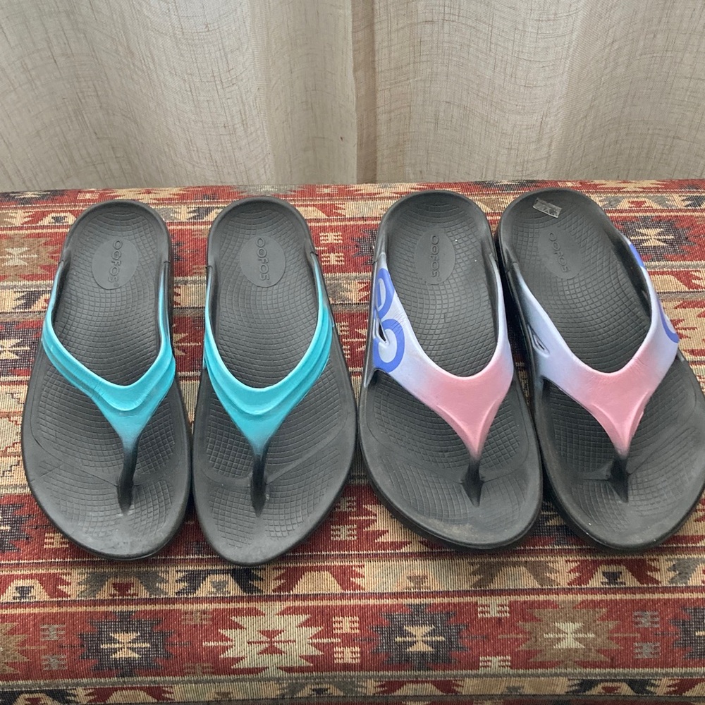 OOFOS Women's Sandals in Black, Pink, and Blue